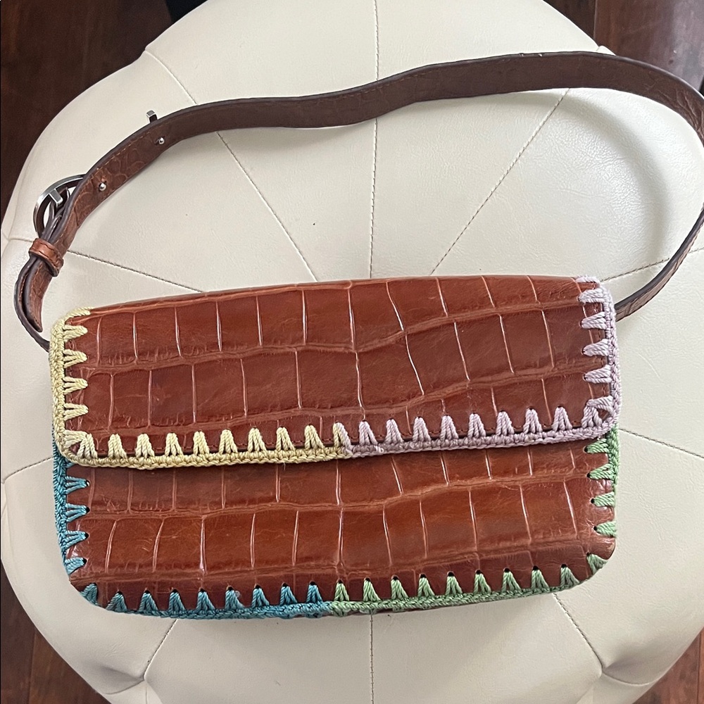 STAUD Brown Croc-Embossed Shoulder Bag with Multicolor Stitching